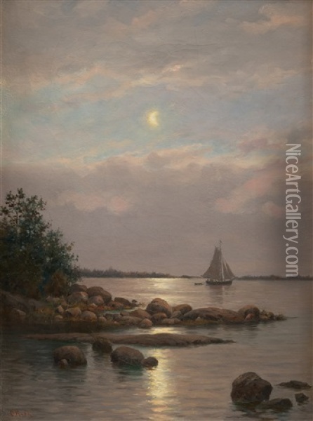 Moonlit View Oil Painting - Oskar Conrad Kleineh