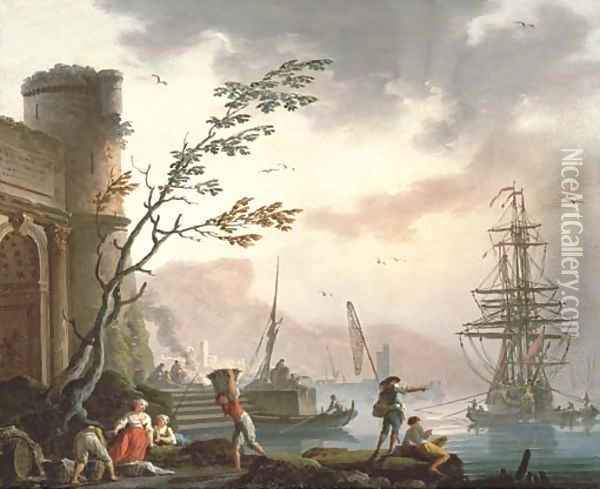 A Mediterranean port with fishermen on the shore Oil Painting - Charles Francois Lacroix de Marseille