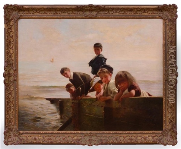 Children From A Break Water Oil Painting - Alexander M. Rossi