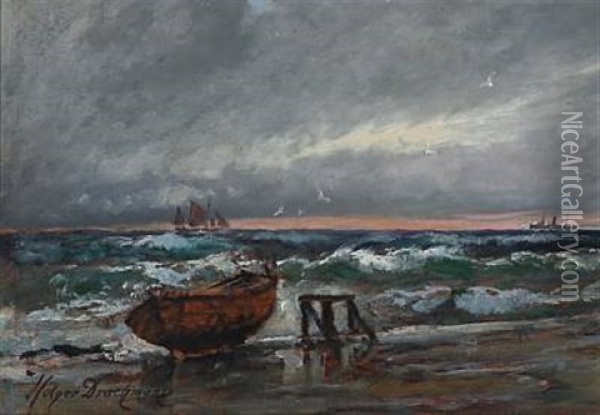 Costal Scene With A Rowboat On The Beach (study) Oil Painting - Holger Henrik Herholdt Drachmann