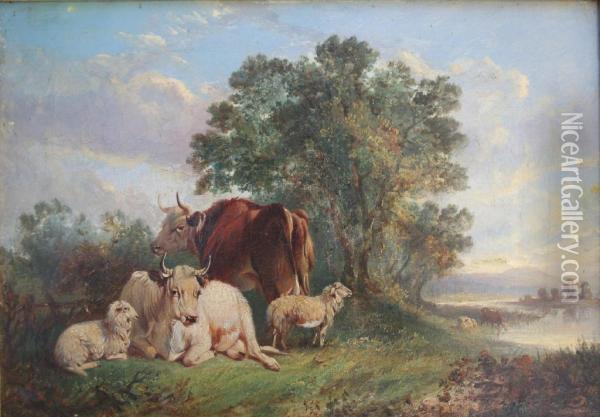 Dearman Cattle And Sheep In A River Landscape Oil On Canvas 25.5 X 36.5cm Oil Painting - John Dearman Birchall