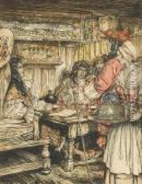 Coffee House Scene Oil Painting - Arthur Rackham