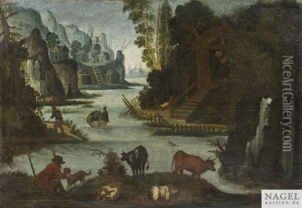 Phantastische Flusslandschaft Mit Tieren Und Monchsklausen Oil Painting - Jacob Savery the Elder