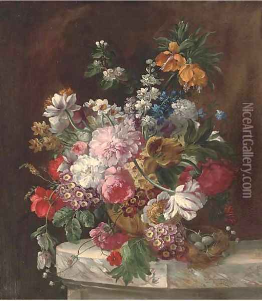 Roses, tulips, chrysanthemums, narcissae and other summers blooms in an urn by a bird's nest on a marble ledge Oil Painting - Franz Xaver Petter