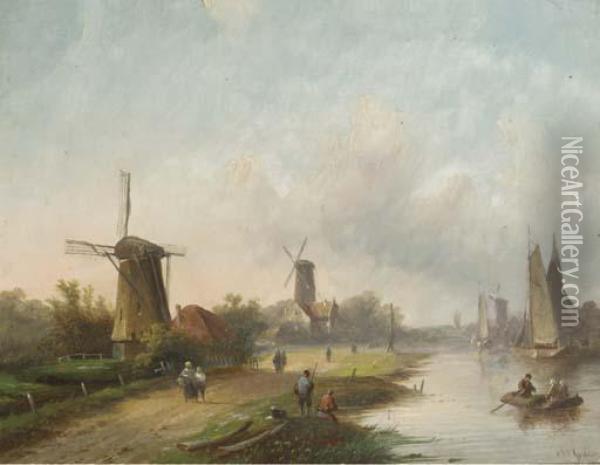 Summer: Windmills Along A River Oil Painting - Jan Jacob Coenraad Spohler