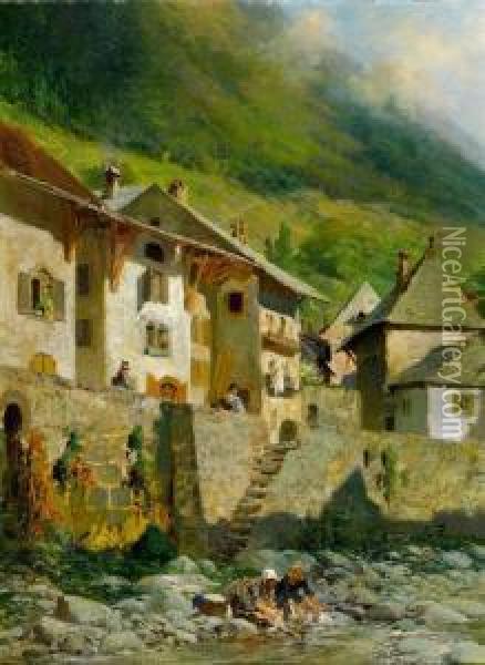 Laundresses - Village De Taninges Oil Painting - Francois Adolphe Grison