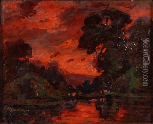 Sunset Beyond A Pool Oil Painting - Tilden Dakin