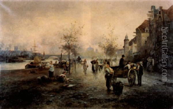 Marktszene Am Flussufer Oil Painting - Emil Barbarini