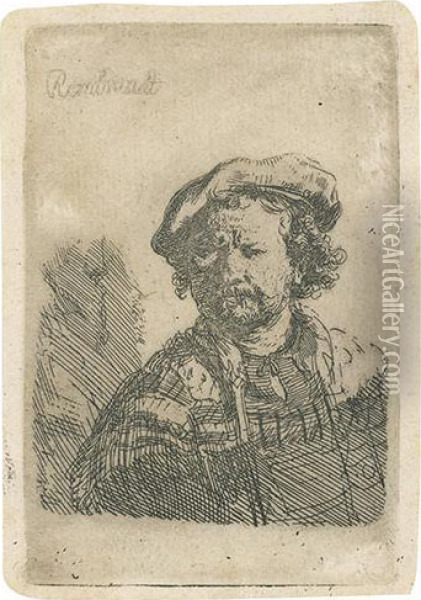 Self Portrait In A Flat Cap And Embroidered Dress. Oil Painting - Rembrandt Van Rijn