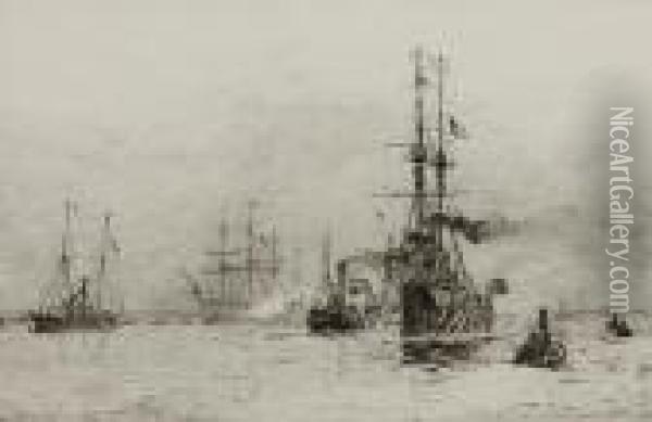 Battleship And Other Vessels In A Busy Channel Oil Painting - William Lionel Wyllie