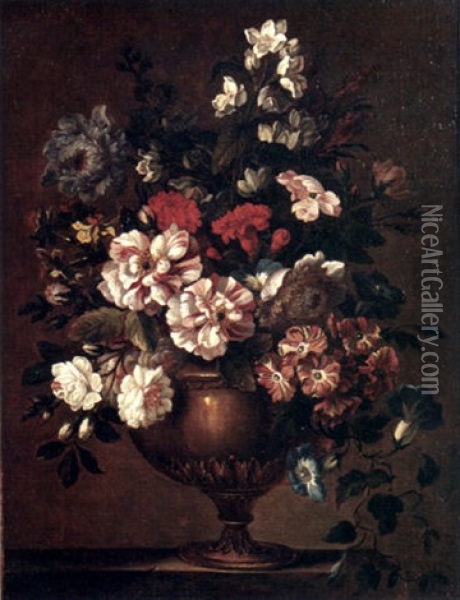 A Still Life With Zinnias, Carnations And Other Flowers In A Bronze Vase On A Ledge Oil Painting - Jean-Baptiste Monnoyer