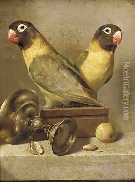 Two parrots, a silver goblet, and apple and an almond on a table Oil Painting - Jean-Baptiste Oudry