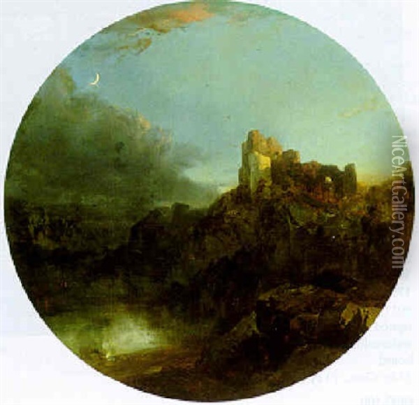 Moonlit Landscape With Ruined Castle Oil Painting - Henry Bright