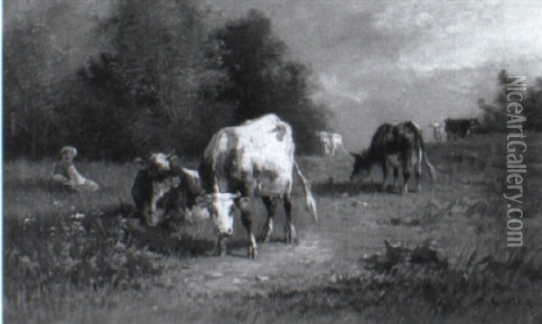 Cows Grazing On A Hillside Oil Painting - Andres Cortes y Aguilar