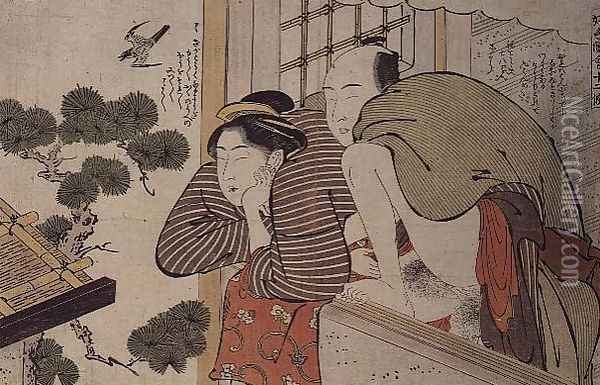 Lovers on a balcony, c.1800 Oil Painting - Katsukawa Shuncho