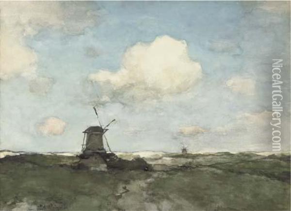 A Windmill In A Polder Landscape Oil Painting - Jan Hendrik Weissenbruch