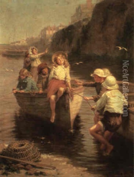 Safe In Harbour Or Golden Hours Oil Painting - Edwin Thomas Roberts