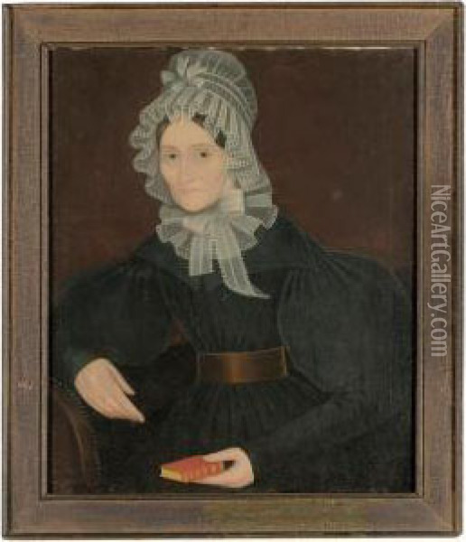A Portrait Of A Lady Wearing An 
Elaborate Lace Bonnet And Matching Collar, And Holding A Red Bible Oil Painting - Ammi Phillips