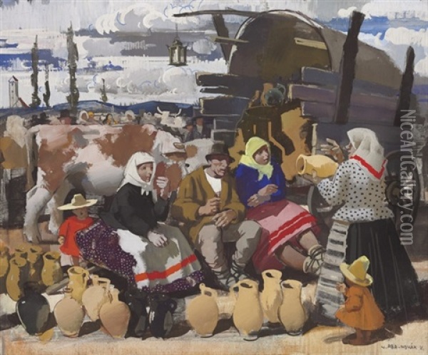 At The Market Oil Painting - Vilmos Aba-Novak