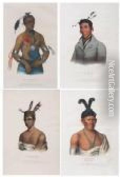 Wa-kawn-ha-ka A Winnebago 
Chief;ka-ta-wa-be-da A Chippeway Chief; Wakechai A Saukie 
Chief;hoo-wan-ne-ka A Winnebago Chief. Oil Painting - Mckenney Thomas & Hall James