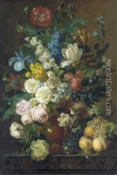 Roses, Dahlias, Tulips, Sweet 
William, Iris, And Other Flowers In Aterracotta Vase On A Ledge With 
Peaches, Grapes And Plums Oil Painting - Jan Frans Van Dael