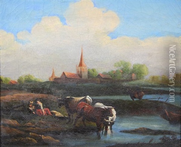 Late Afternoon Figures Picnicking With Cows Oil Painting - William Keith