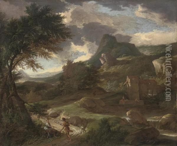 A Mountainous Wooded Landscape 
With A Shepherd And A Shepherdess Ona Track, A Mill Beyond Oil Painting - Aelbert Meyeringh