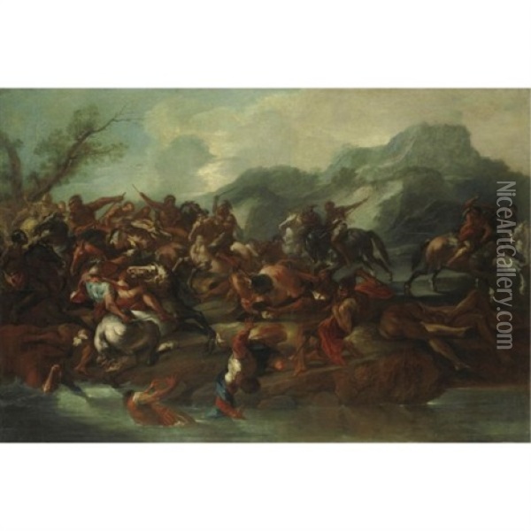 Scena Di Battaglia Lungo Un Fiume Oil Painting - Francesco M. Raineri (Schivenoglia)
