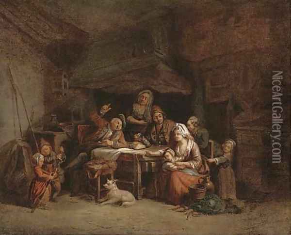 A family around a kitchen table Oil Painting - Jean Baptiste Greuze