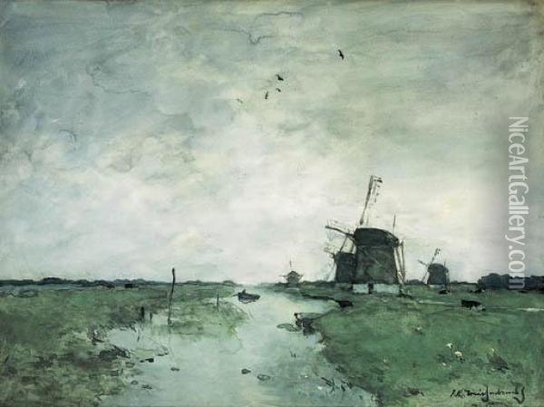 Windmills In The Polder Oil Painting - Jan Hendrik Weissenbruch