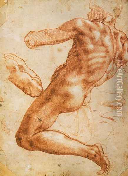 Study for an ignudo Oil Painting - Michelangelo Buonarroti