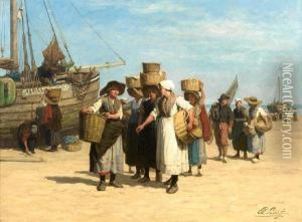 Terugkeer Van De Visafslag (after The Catch) Oil Painting - Philippe Lodowyck Jacob Sadee