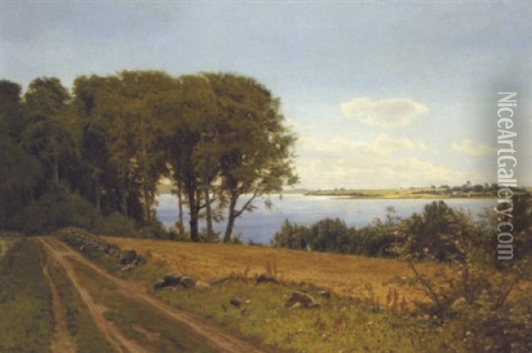Landskab Med Vej Langs En Fjord, I Baggrunden Kirke Oil Painting - Thorvald Simeon Niss