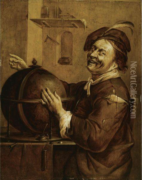 Laughing Democritus, Seated Next To A Terrestrial Globe Oil Painting - Jacob Duck