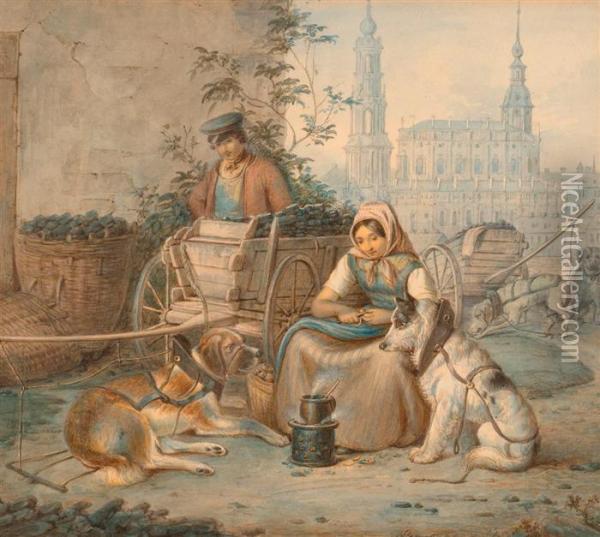 Kohlenverkauferin Mit Hundewagen Vor Der Dresdner Hofkirche. Oil Painting - Edmund John Niemann, Snr.