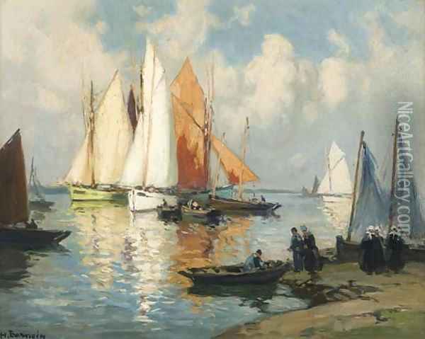 A Brittany harbour Oil Painting - Henri Alphonse Barnoin