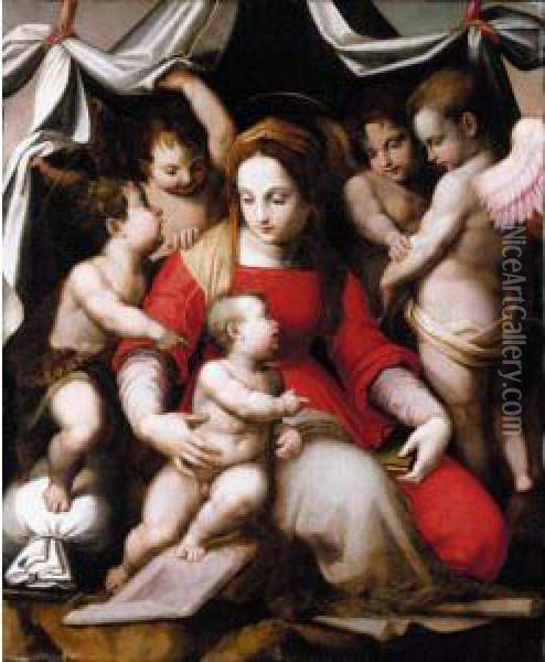 Madonna Of Humility With The 
Infant St. John The Baptist And Three Angels ('the Corsini Madonna') Oil Painting - Andrea Del Sarto