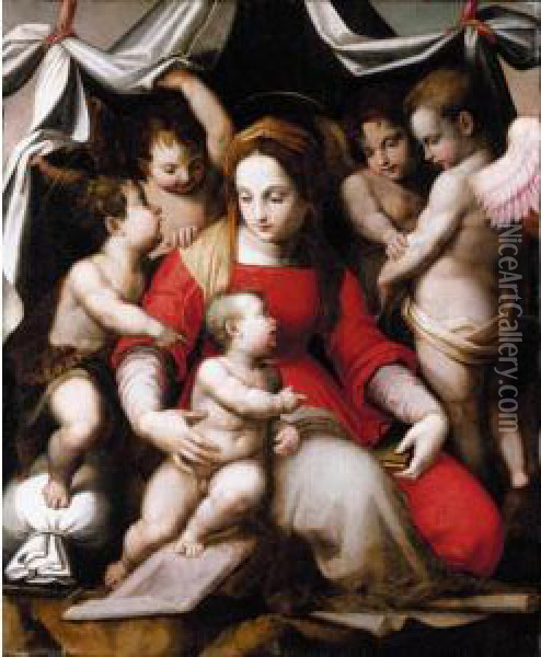 Madonna Of Humility With The 
Infant St. John The Baptist And Three Angels ('the Corsini Madonna') Oil Painting - Andrea Del Sarto