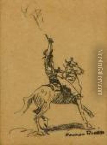 Cowboy On Horseback Firing A 
Pistol S L/r: Edward Borein India Ink On/p Under Glass Sight: 3x2 Oil Painting - John Edward Borein