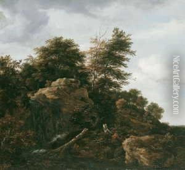 Ein Bewaldeter Hugel Mit Einem
 Wasserfall (wooded Landscape On A Rocky Hill With A Oil Painting - Jacob Van Ruisdael