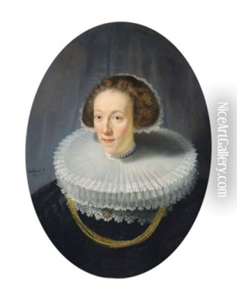 Portrait Of Petronella Buys (1610-1670), Bust-length, In A Brocaded Black Gown, Bobin Lace-trimmed Double Cartwheel Ruff And Pearled Diadem Cap Oil Painting -  Rembrandt van Rijn