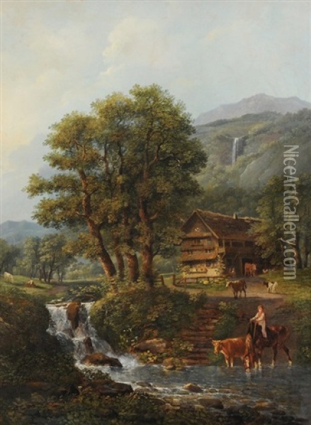 Sommerliche Landschaft Mit Bauernhaus An Einem Bach Oil Painting - Johann Conrad Gessner