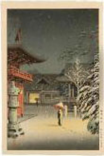 Snow At Nezu Shrine Oil Painting - Tsuchiya Koitsu
