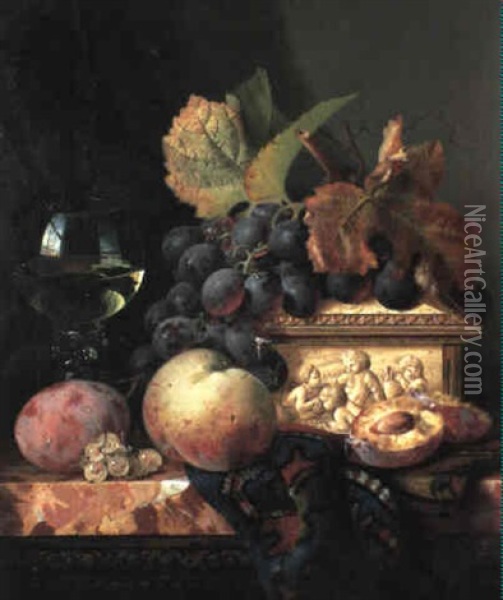Still Life With Fruit And A Wine Glass Beside A Casket Oil Painting - Edward Ladell