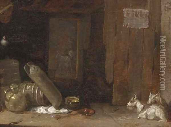 A barn interior with goats and a lady milking a goat beyond Oil Painting - Cornelis Saftleven
