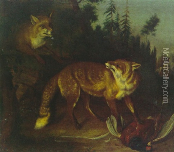 Zwei Fuchse Mit Erlegtem Fasan Oil Painting - Peter Gnehm