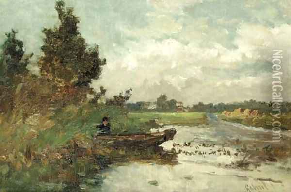 An angler in a polder landscape Oil Painting - Paul Joseph Constantine Gabriel