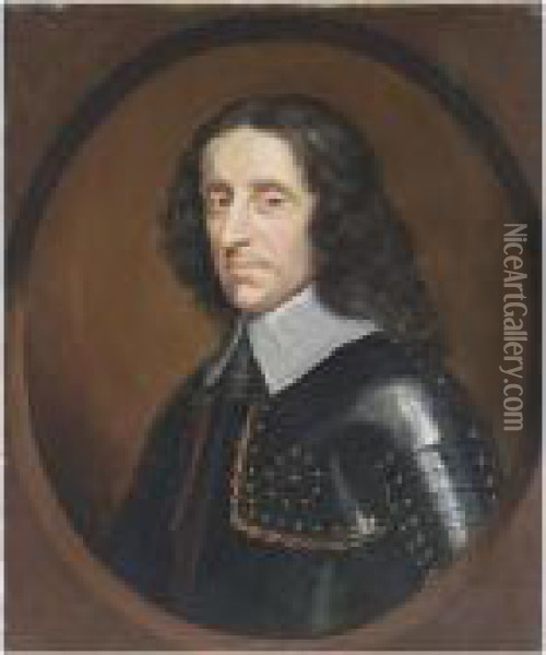 Of Sir Peter Lely A Portrait Of A
 Gentleman, Bust Length, Wearing Armour, In A Painted Oval Oil Painting - Sir Peter Lely