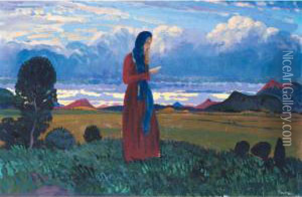 Girl Reading In A Landscape Oil Painting - James Dickson Innes