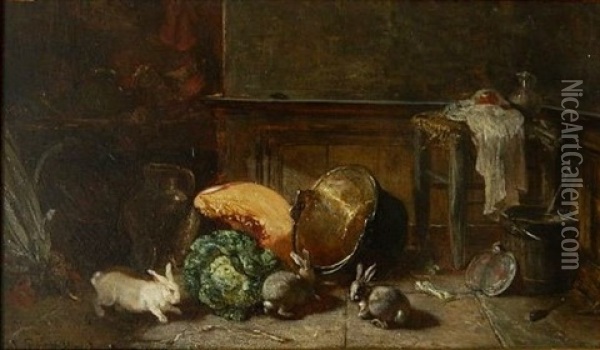 Interior Scene With Rabbits Oil Painting - Philippe Rousseau